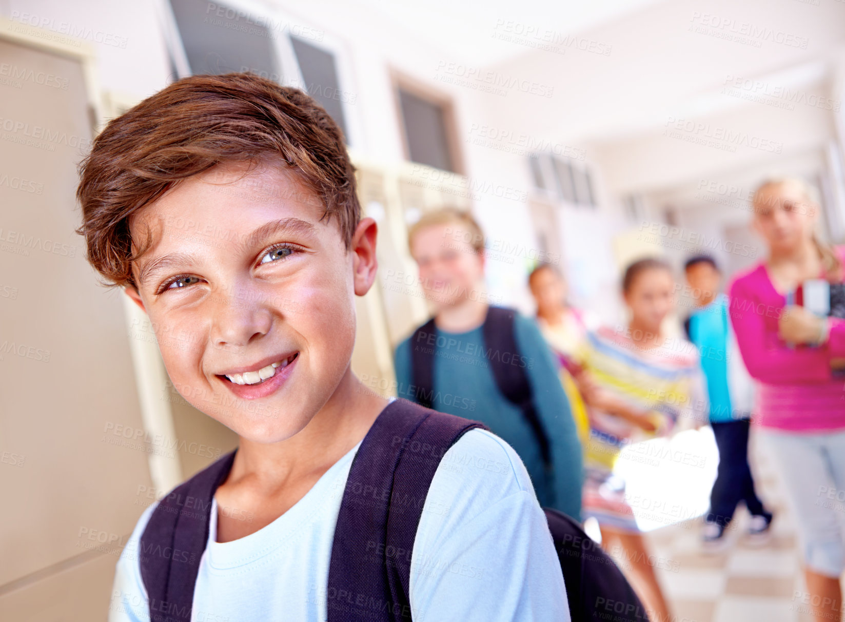 Buy stock photo Student, portrait and boy with smile in hallway with education, study and backpack for back to school. Youth, young kid and learning with friends on campus with children and happy from class and fun