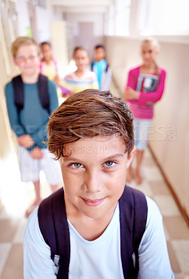 Buy stock photo Boy, friends and portrait in school hallway for education or learning together or studying, academic or USA. Children, group and face in building or backpack for student lesson, development or future