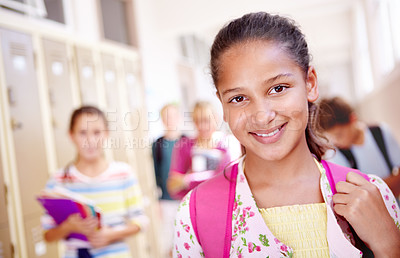 Buy stock photo School kids, friends and portrait in hallway with books as learning education or exam, scholarship or future. Girl, face and happy in building for studying in USA for growth, reading or childhood