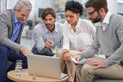Buy stock photo Business people, laptop and teamwork in meeting for planning, strategy or brainstorming at office. Group of employees on computer for discussion, project plan or research and development at workplace