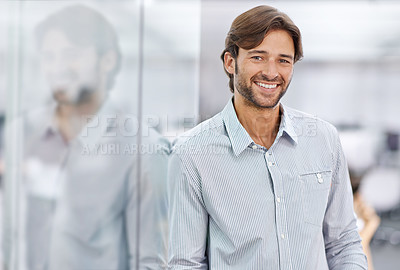 Buy stock photo Businessman, portrait and smile in office building with confidence attorney for client trust, opportunity or career. Male person, face and corporate professional or Canada job, company or employee