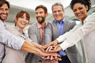 Buy stock photo Portrait, collaboration and business people with hands in huddle at office for meeting, motivation or support. Smile, goals and target with happy employee team in workplace for celebration of bonus
