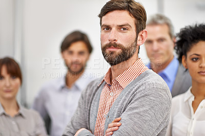 Buy stock photo Businesspeople, portrait and teamwork with confidence for collaboration, friends or partnership. Men, women and arms crossed at creative agency for startup pride for workspace, together or Canada