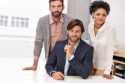 Buy stock photo Team, diversity or business people in portrait with confidence, friendly or commitment at work. Accounting, staff and happy face for collaboration for support, solidarity and smile in office by table