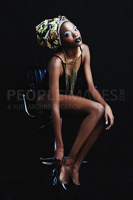 Buy stock photo Black woman, fashion and portrait with confidence, head dress and makeup in studio. Cosmetics, trendy and beauty with African female person from Kenya with traditional hair wrap with dark background