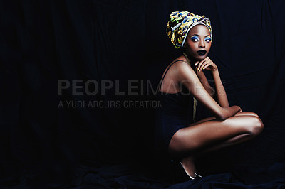 Buy stock photo Black woman, turban and thinking with fashion, head scarf and mockup in studio. Cosmetics, trendy and style with African female person from Kenya with traditional silk wrap with dark background