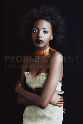 Buy stock photo Fashion, beauty and portrait of black woman on dark background with confidence, style and pride. Culture, aesthetic and isolated African person with cosmetics, trendy accessories and makeup in studio