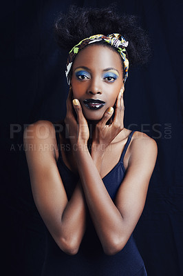 Buy stock photo African woman, fashion and studio for makeup, beauty and art for eye shadow and lipstick campaign. Black female model, dark background and cosmetic, portrait and face for cultural and elegant style 