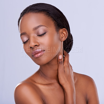 Buy stock photo Face of black woman, relax or beauty with makeup, cosmetics or healthy skin in isolated studio. Dermatology, wellness or African girl model with lipgloss glow or skincare results on purple background