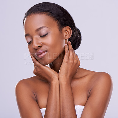 Buy stock photo Hands, touching skin and black woman with natural beauty, cosmetics and wellness with makeup on white background. Healthy glow, skincare and dermatology, satisfaction and calm for treatment in studio
