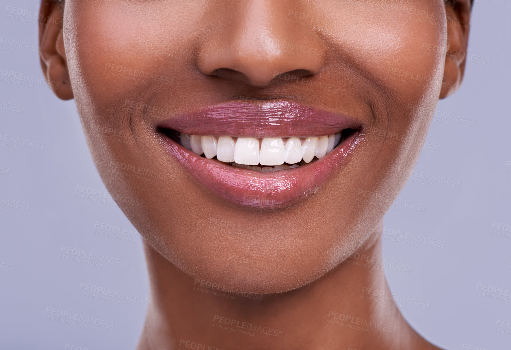 Buy stock photo Teeth whitening, dental and woman with beauty and health, oral hygiene and wellness with smile closeup on grey background. Mouth, lips and lipstick with orthodontics for veneers, cosmetics and skin 