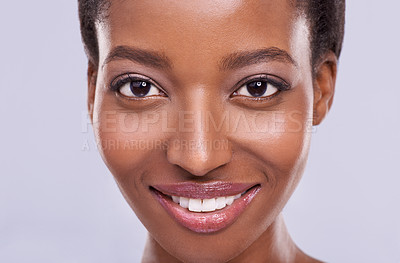 Buy stock photo Dermatology, cosmetics and portrait of black woman with smile, glowing skin and natural spa makeup in studio. Happy, beauty and luxury skincare with healthy face of girl isolated on purple background