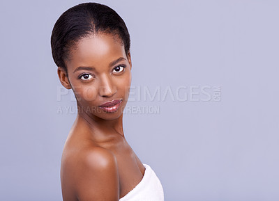 Buy stock photo Beauty, skincare and portrait of serious black woman with glowing skin, natural spa makeup and studio space. Mockup, dermatology and luxury cosmetics with healthy face of girl on grey background.