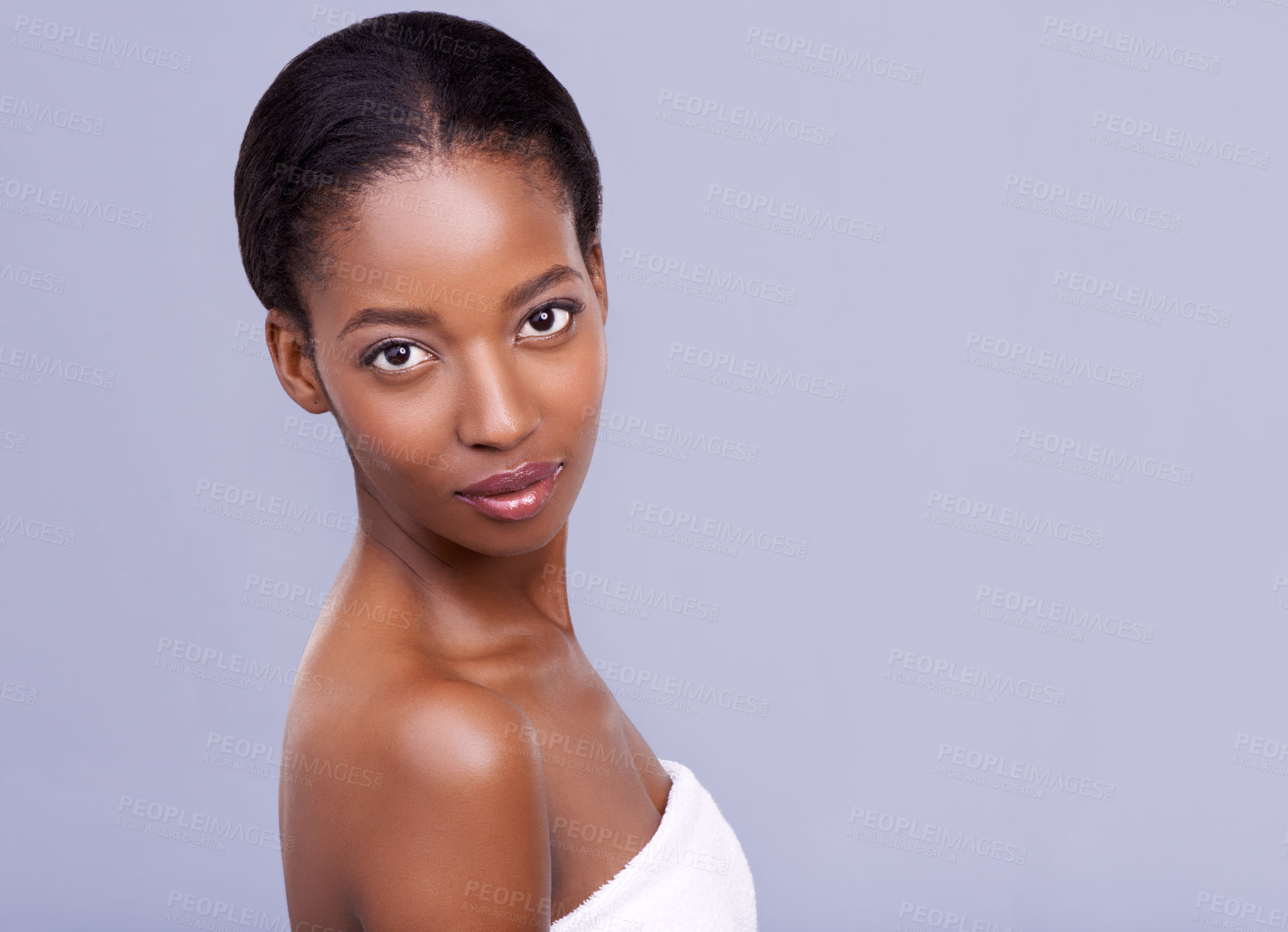 Buy stock photo Beauty, skincare and portrait of serious black woman with glowing skin, natural spa makeup and studio space. Mockup, dermatology and luxury cosmetics with healthy face of girl on grey background.