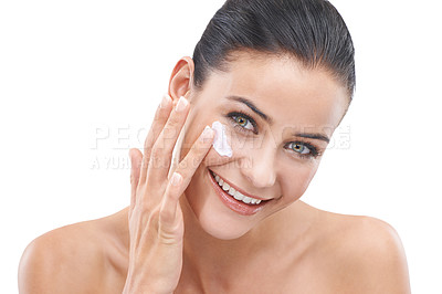 Buy stock photo Happy woman, portrait and face cream for skincare, cosmetics or lotion on a white studio background. Facial of female person or model applying creme or moisturizer for healthy skin on mockup