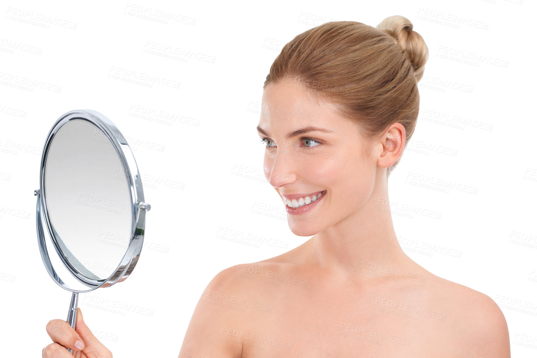 Buy stock photo Cropped shot of a beautiful young woman holding a mirror