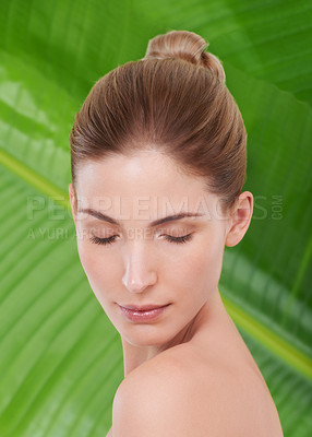 Buy stock photo Woman, skincare and wellness with leaves, palm tree and sustainability for organic cosmetics. Girl, person or model with plants for thin, touch or glow with dermatology for facial skin for beauty