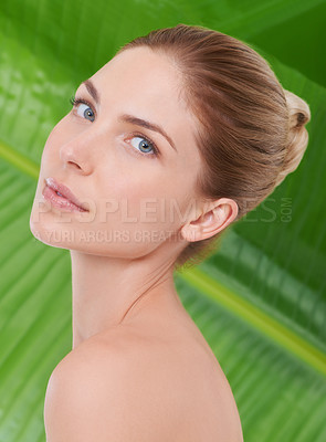 Buy stock photo Woman, beauty and portrait with leaves, palm tree and sustainability for organic cosmetics. Girl, person or model with plants for wellness, transformation or glow with dermatology for facial skincare