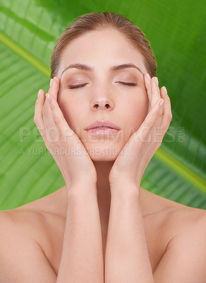 Buy stock photo Woman, skincare and eyes closed with beauty, leaves or sustainability for organic cosmetics. Girl, person or model by palm tree for wellness, touch or glow with dermatology for facial skin by plants