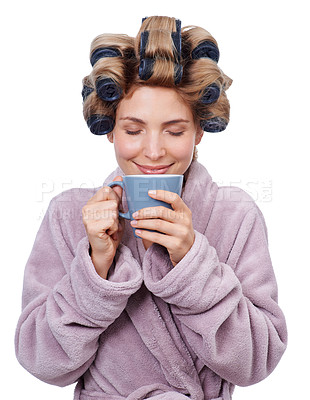 Buy stock photo Face, coffee and curlers in hair of woman in studio isolated on white background for salon treatment. Smile, beauty and aroma with happy young person in bathrobe for morning routine and haircare