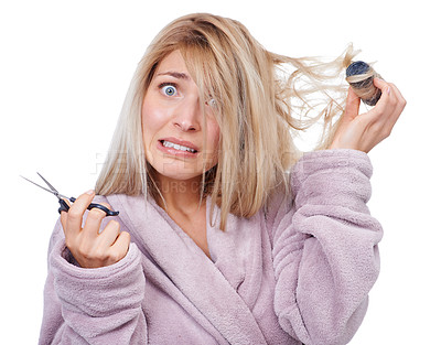 Buy stock photo Studio portrait of a young woman having a bad hair day