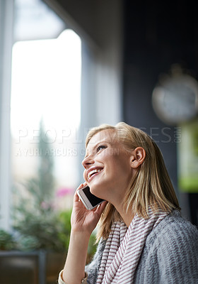 Buy stock photo Phone call, talking and woman with smile in coffee shop for connection, social networking and chat. Restaurant, cafeteria and happy person on smartphone for conversation, communication and speaking