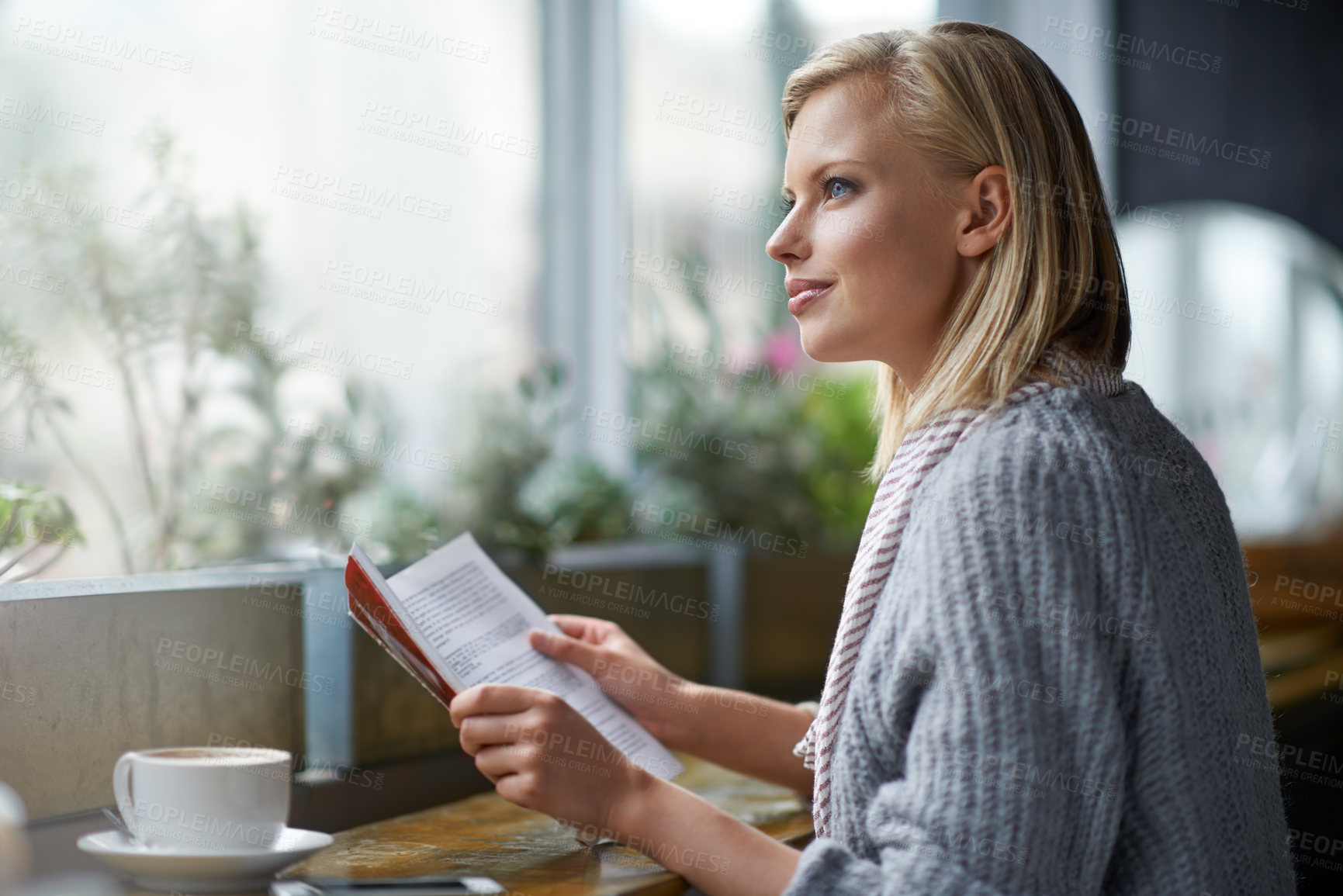 Buy stock photo Coffee shop, reading and woman with book thinking by window with drink, cappuccino and latte. Cafeteria, restaurant and happy person with story, literature and novel for relaxing, learning and hobby