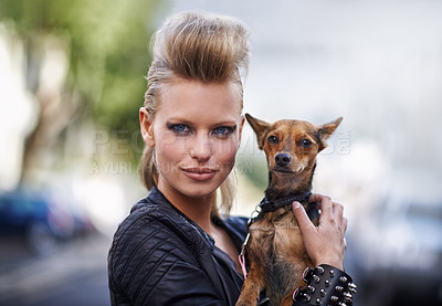Buy stock photo Woman, portrait and punk fashion with dog, edgy rock hairstyle and cool in funky clothes with care for pet chihuahua. London, person and face in leather jacket in town and city for domestic animal
