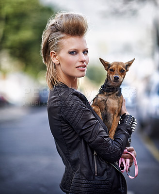 Buy stock photo Woman, portrait and leather jacket with dog, happy and rock n roll for unique in punk fashion and city for pet chihuahua. London, person and face in funky clothes in town and care for domestic animal