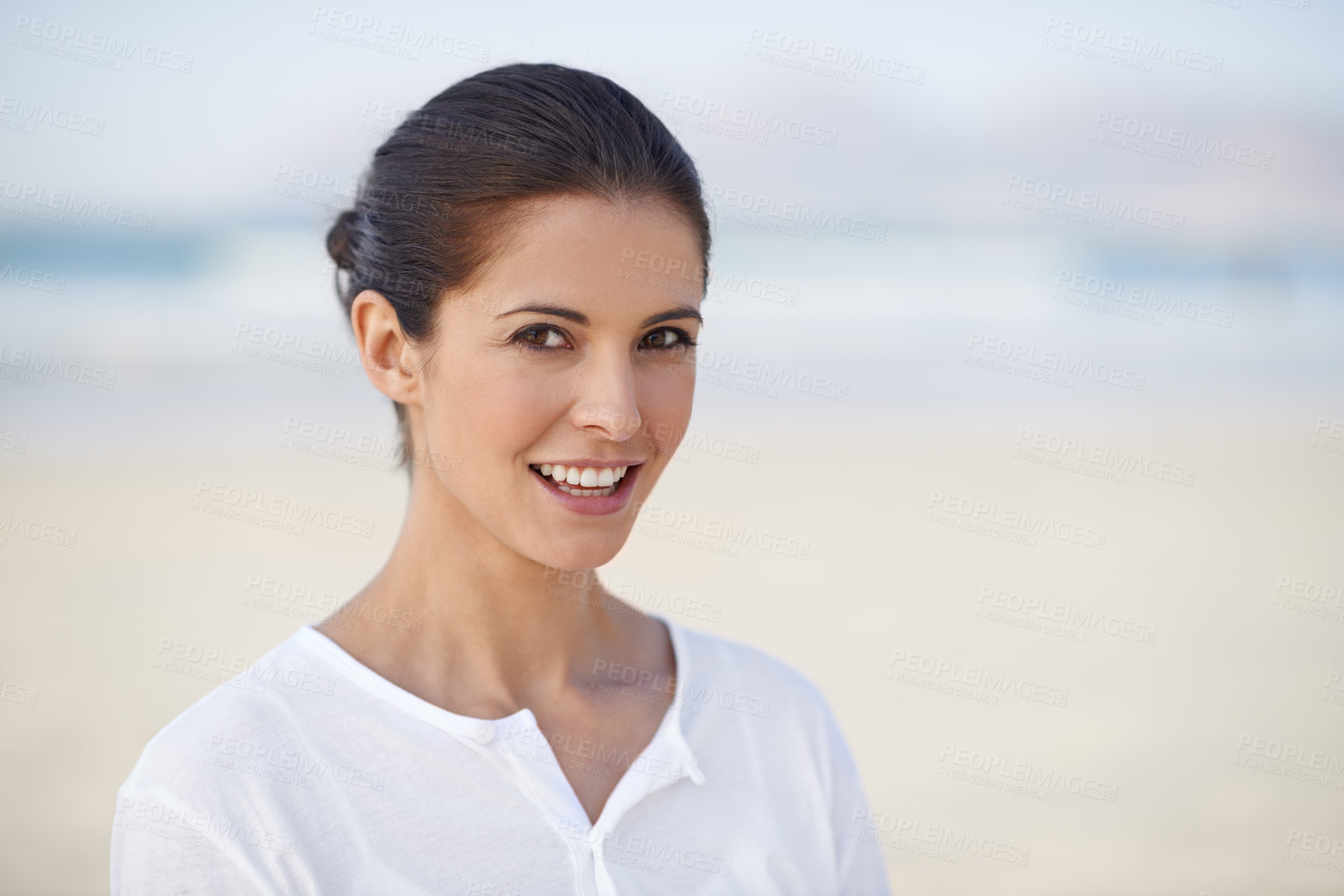Buy stock photo Woman, portrait and happy at beach with travel, mockup space and positivity outdoor. Holiday in summer, nature and wellness with adventure in Bali, calm and peace by the ocean with fresh air