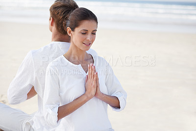 Buy stock photo Prayer hands, couple and meditation on beach for zen and wellness with holistic healing outdoor for calm and yoga. Ocean, people and mindfulness together for bonding, peace and spiritual in nature