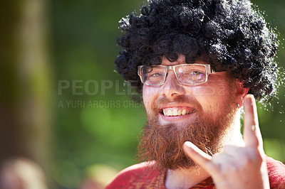 Buy stock photo Portrait, rock on and man with music festival, excited and happiness with summer event and party. Face, person and outdoor with guy and sign with symbol and celebration with holiday and sunshine
