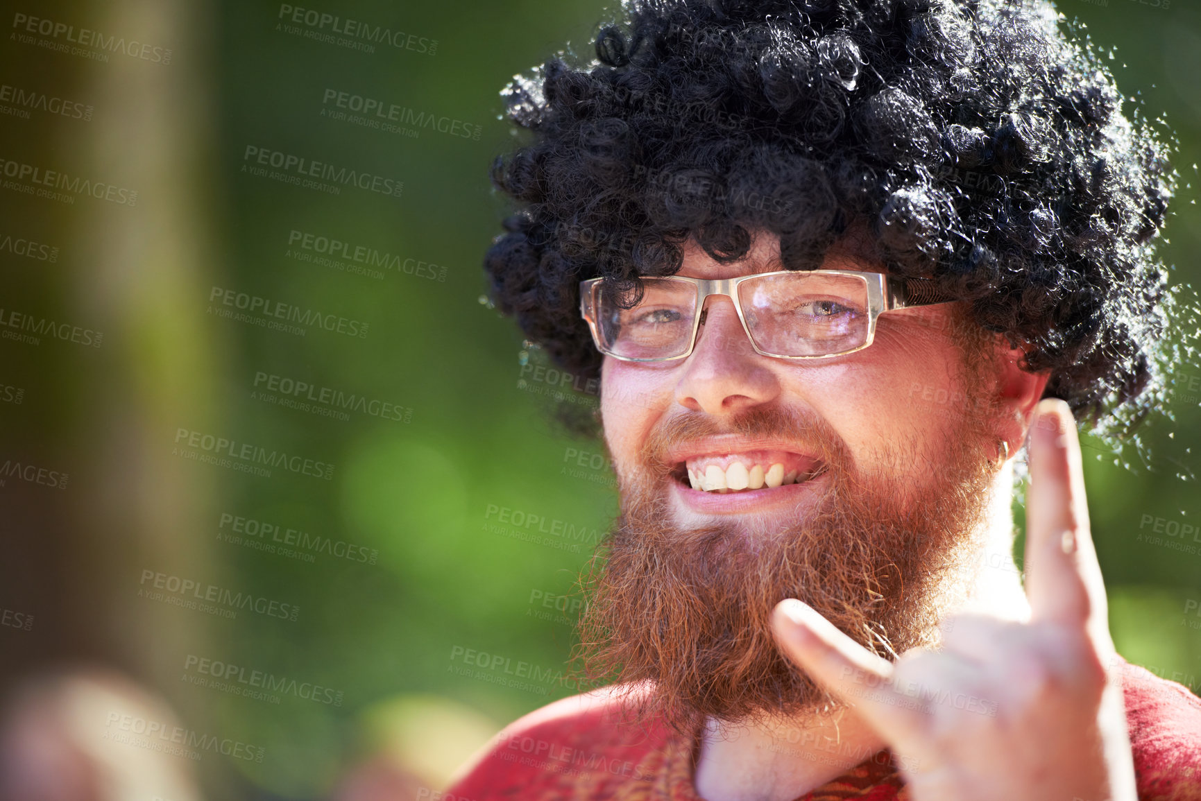 Buy stock photo Portrait, rock on and man with music festival, excited and happiness with summer event and party. Face, person and outdoor with guy and sign with symbol and celebration with holiday and sunshine