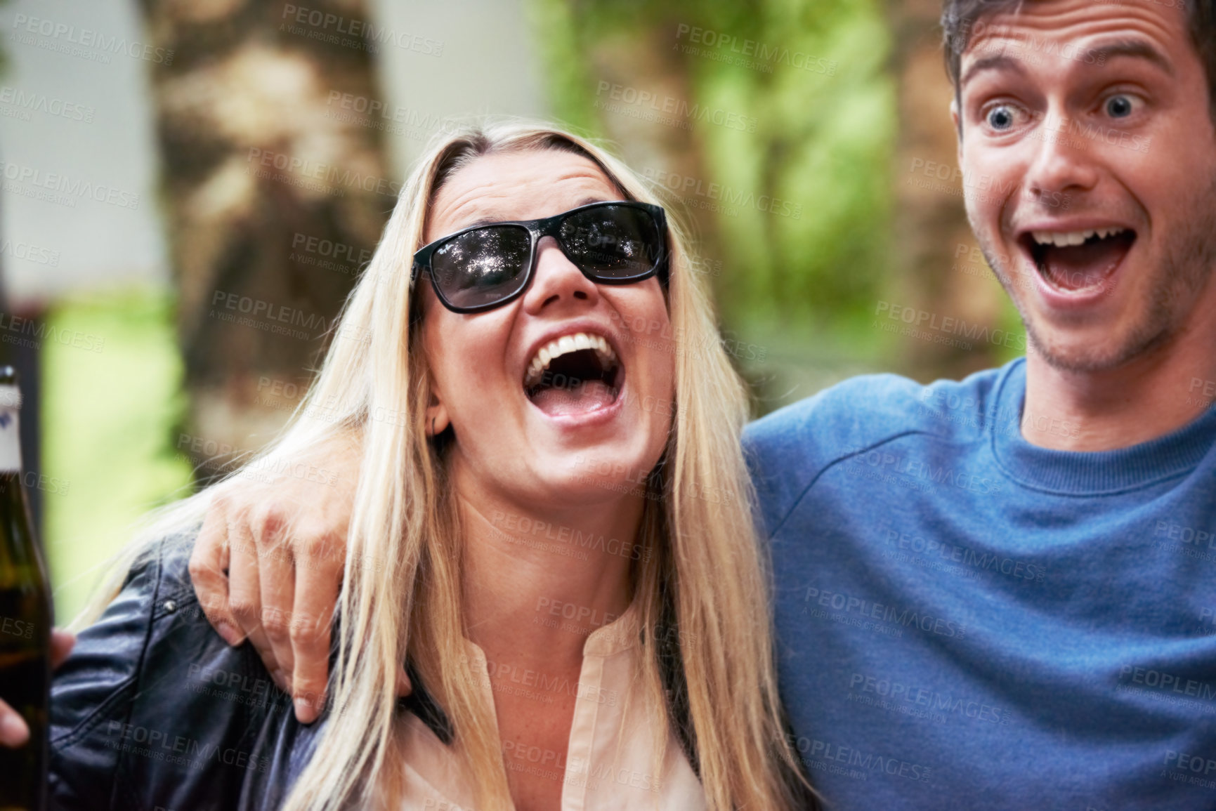 Buy stock photo Wow, surprise and laughing with couple in nature, hiking or camping together for vacation or adventure. Face, excited or fun with happy young man and woman outdoor in forest or woods for holiday