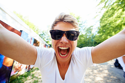 Buy stock photo Portrait, excited and selfie of man shouting for celebration, wow and happy in summer. Face, open mouth and person in sunglasses for photography, profile picture and screaming for surprise outdoor