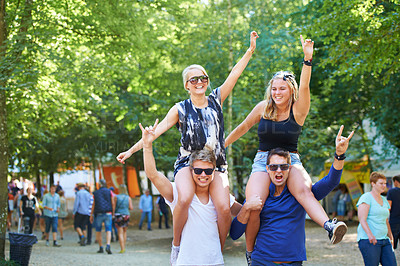 Buy stock photo People, happy and crazy celebration in forest for cheerful, bonding or fun outdoors together in nature. Group of friends, smile and excited in summer for festival, camping or social event in park