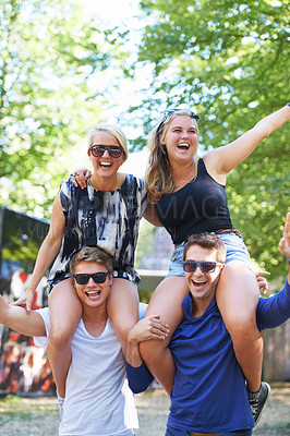 Buy stock photo Friends, happy and excited celebration in park together for cheerful, fun or enjoyment outdoors in nature. Group of people, smile and crazy in summer for camping, festival or social event in forest