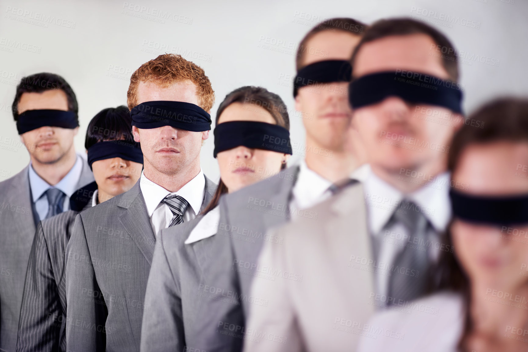 Buy stock photo Business people, blindfold and employees lost at work, together and coworkers trust in workplace. Blind, team and collaboration in uncertainty, control strategy and support in challenge or workforce