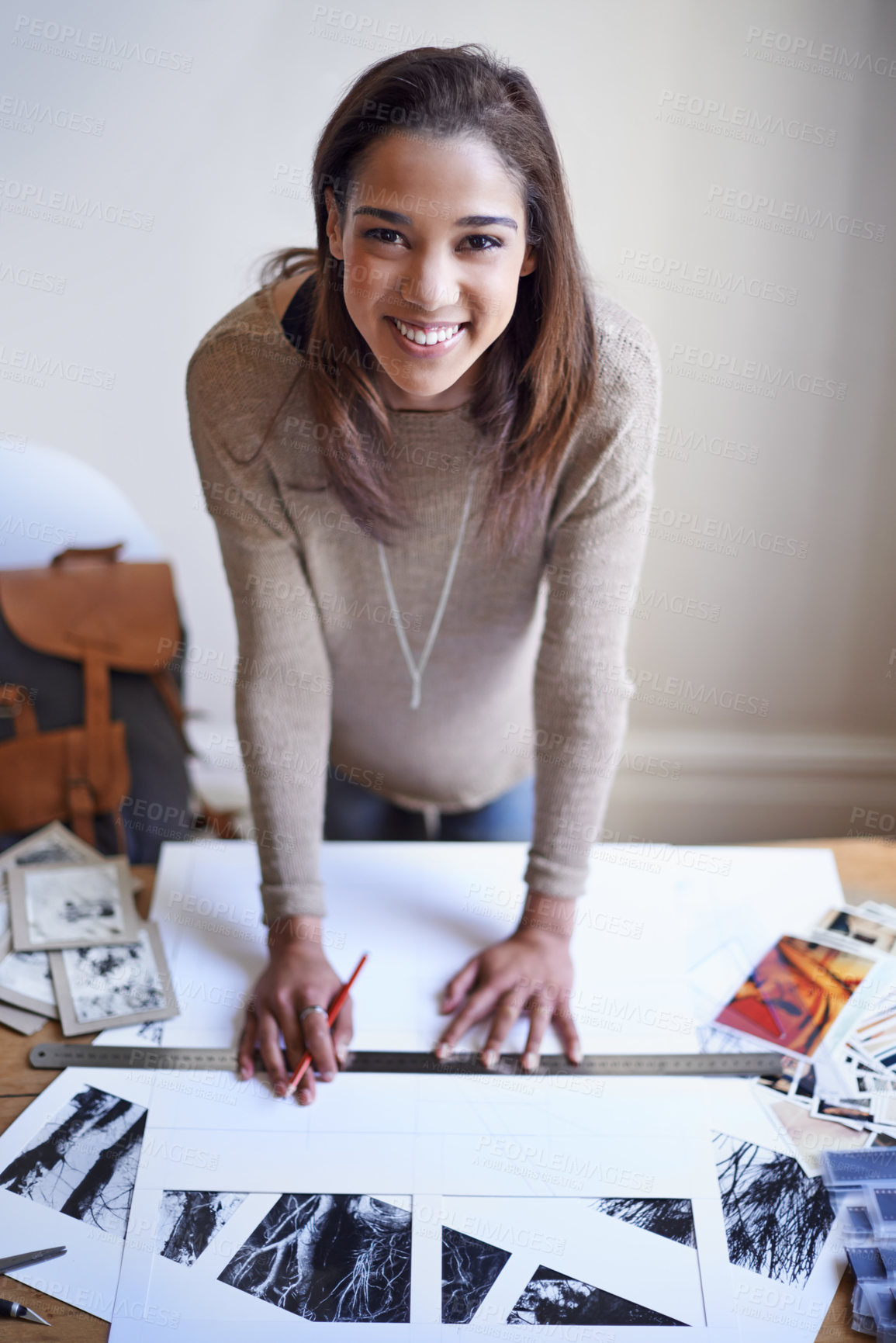 Buy stock photo Smile, business woman and portrait of graphic designer drawing on paper at desk with ruler for project in startup office. Happy person, face and creative photographer at table with pencil in Brazil