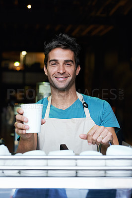 Buy stock photo Portrait, smile and man in coffee shop with machine, paper cup or small business owner in hospitality. Service, cafe and happy barista in restaurant with drink, latte or face of entrepreneur in store