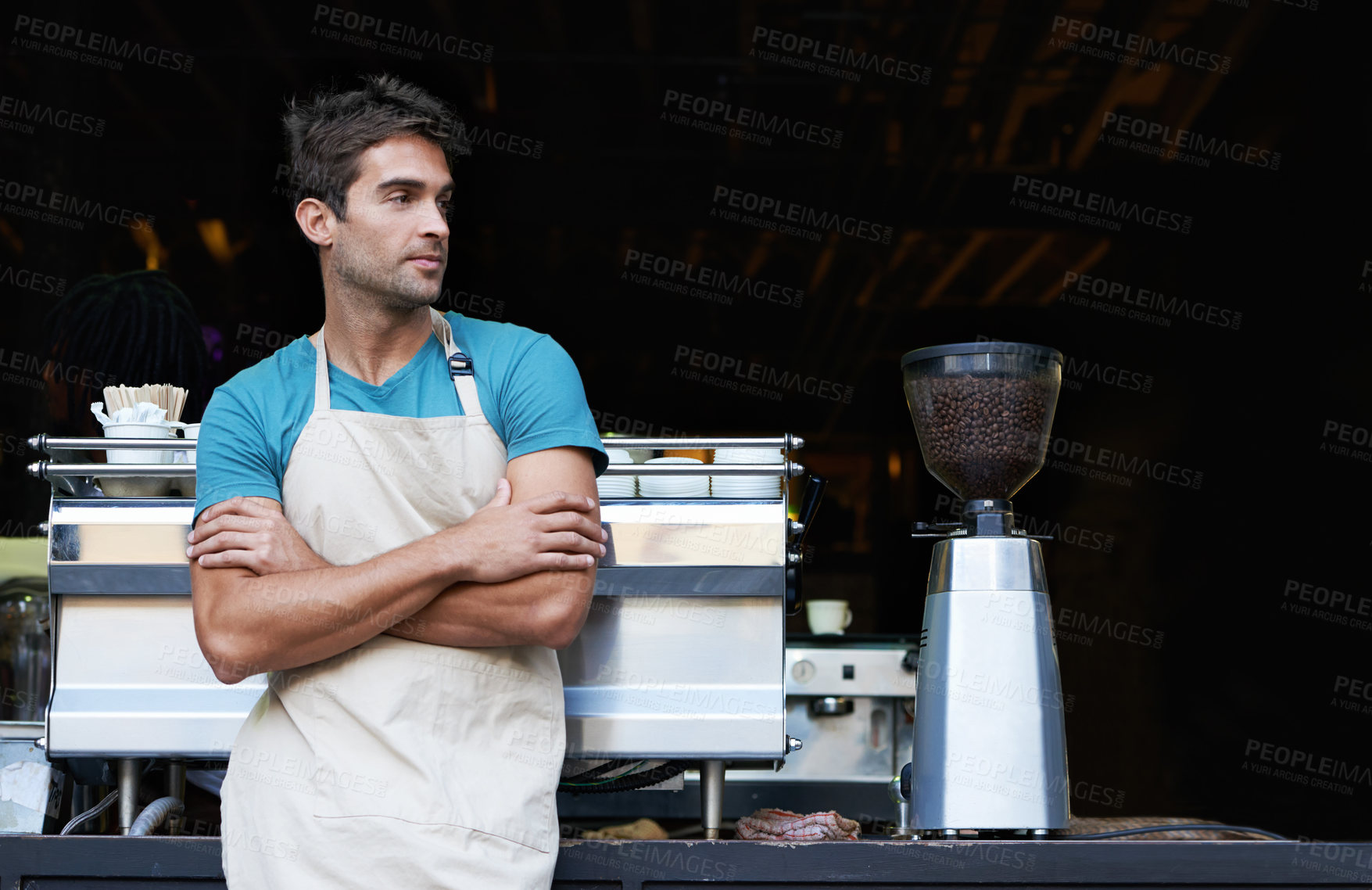 Buy stock photo Relax, waiter and man in coffee shop with machine, grinder and small business owner in hospitality. Service, cafe and barista in restaurant with arms crossed, waiting and entrepreneur in store.