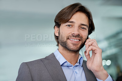 Buy stock photo Businessman, portrait and phone call for networking in office, communication and app for conversation. Male person, negotiation and connection for opportunity in career, talking and b2b for planning