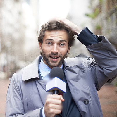 Buy stock photo Portrait, news reporter and interview with man, microphone or journalism with broadcast or live streaming. Raining, person or media with breaking story or feedback with weather or anchor with review