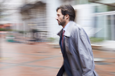 Buy stock photo Employee, rush and stress in city for work in corporate company, late for meeting and overcoat. Businessman, outdoor and rush in town in suit to be professional for New York office and urban