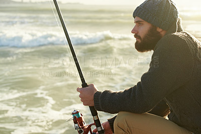 Buy stock photo Man, thinking and fishing by ocean in relax, nature and fish recreation for wellness on vacation. Fisherman, waiting and holiday in cape town by beach, adventure and summer by rod for travel to bite