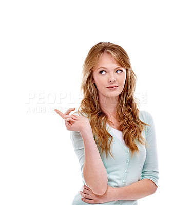 Buy stock photo Woman, space or model pointing in studio for advertising, marketing or news announcement. Thinking, mockup space or female person on white background for choice, presentation or notification alert