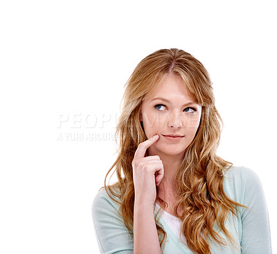 Buy stock photo Woman, face and thinking or solution in studio for problem solving, contemplating or wondering on mockup space. Person, thoughtful or daydreaming with confidence, decision or hand on white background