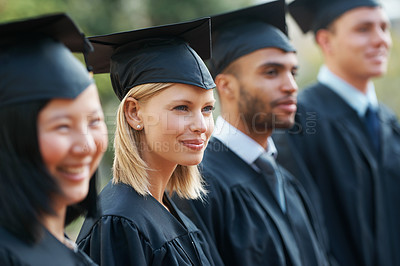 Buy stock photo Woman, graduation and students in college or university to celebrate school diploma or degree. Diversity, graduate scholarship or proud community with education certificate in line at ceremony event
