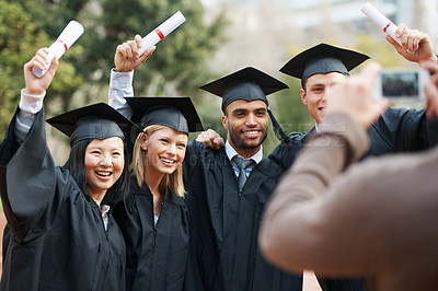 Buy stock photo Photograph, graduation or students in college or university to celebrate school diploma or degree. Group picture, happy graduate friends or proud women with education for goals, target or success