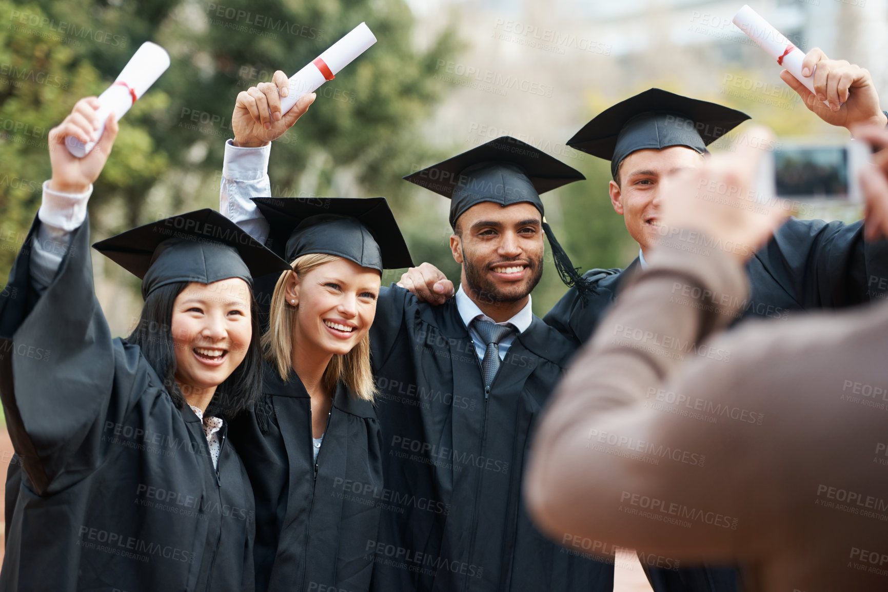 Buy stock photo Photograph, graduation or students in college or university to celebrate school diploma or degree. Group picture, happy graduate friends or proud women with education for goals, target or success